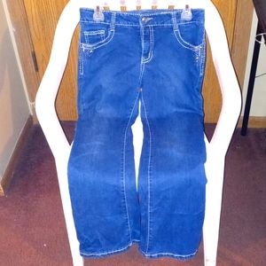 "GIRLS FIRST" wide leg w/ gemstones on pockets & bone white stitch blue jeans